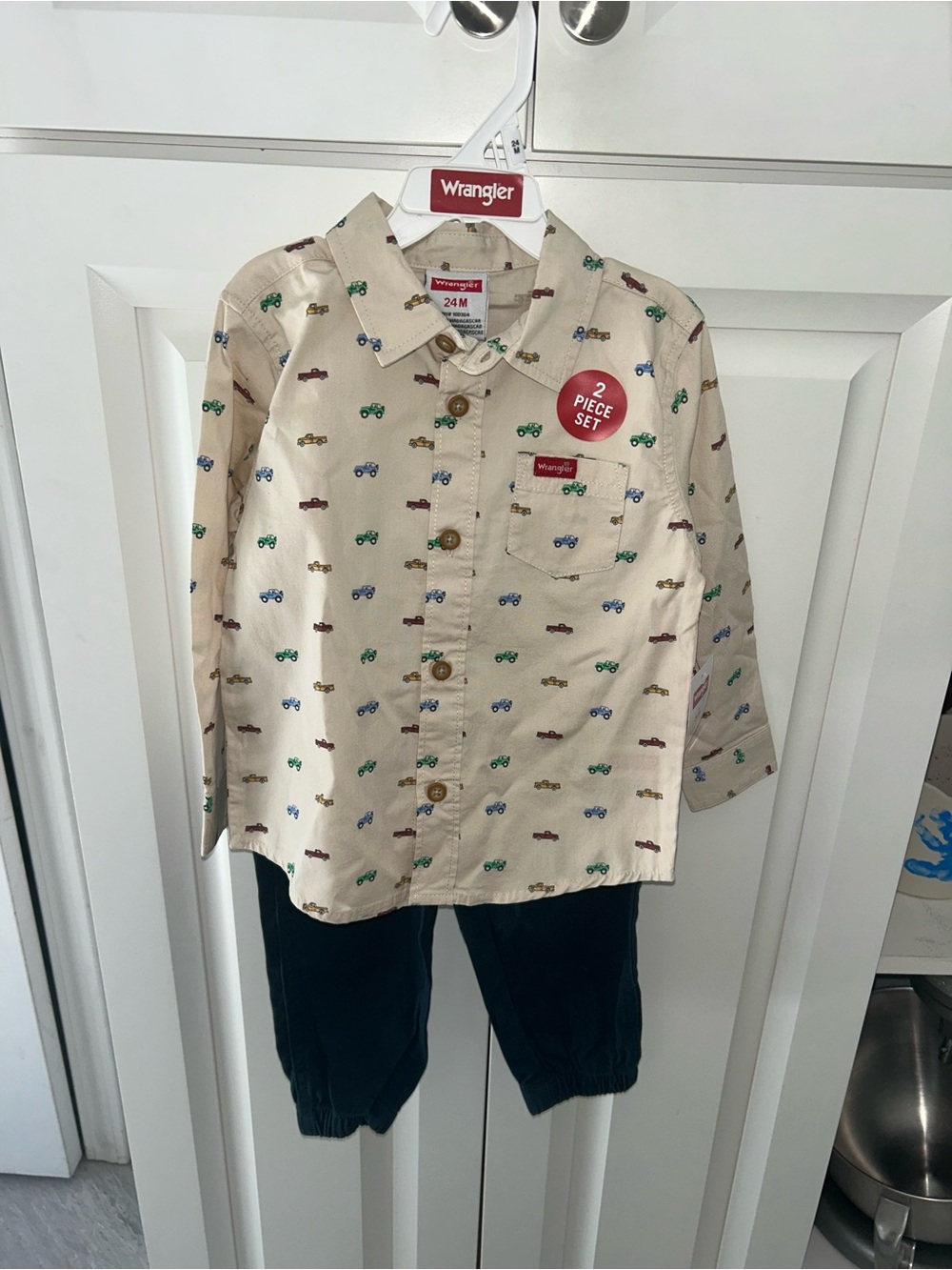 NWT- never worn or washed- Wrangler Beige Set with Multi-Colored Car Print- 24mo
